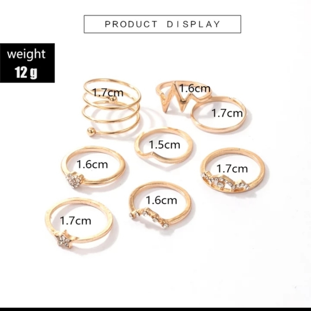 Gold Rhinestone Stacking‎ Midi Finger Multi Size 8pc Ring Set NEW - Picture 4 of 8